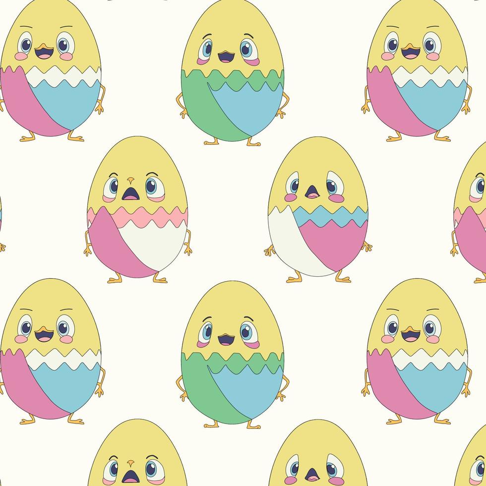 Hand drawn seamless pattern with Cute character little chicken Easter egg. Easter. vector