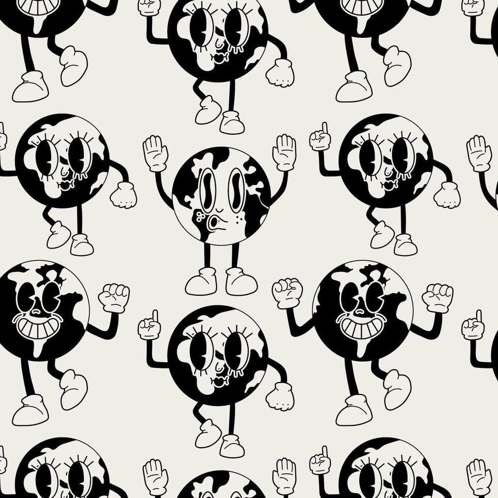 Hand drawn seamless pattern with Retro Earth mascot. Cute character in trendy retro 60s 70s cartoon style. vector