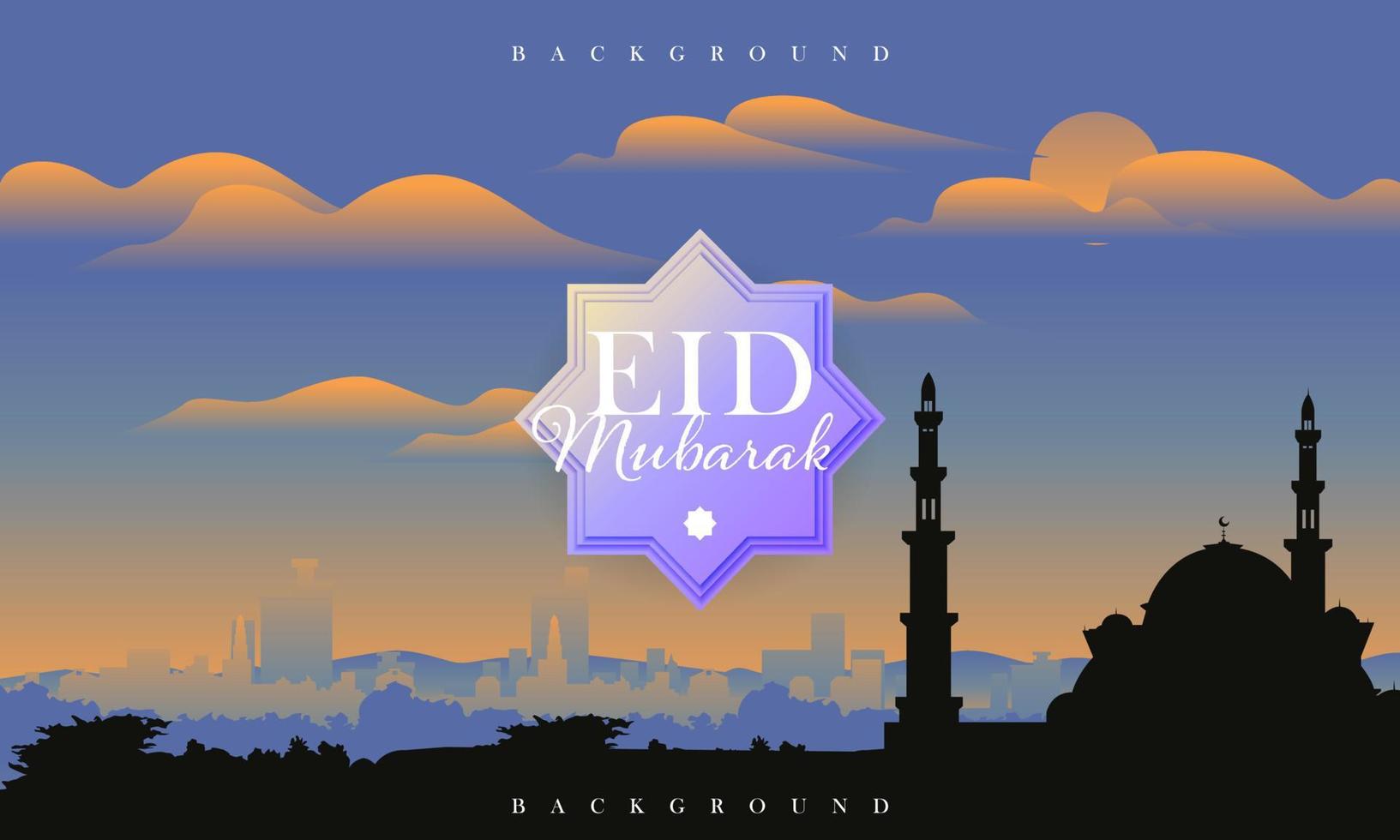 eid Mubarak mezquita silueta paisaje urbano dibujos animados vector ilustración púrpura azul color