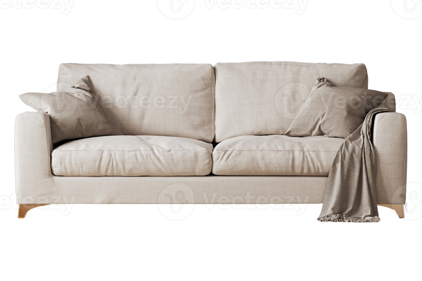 Beige sofa, cushions and blanket isolated on a transparent background png