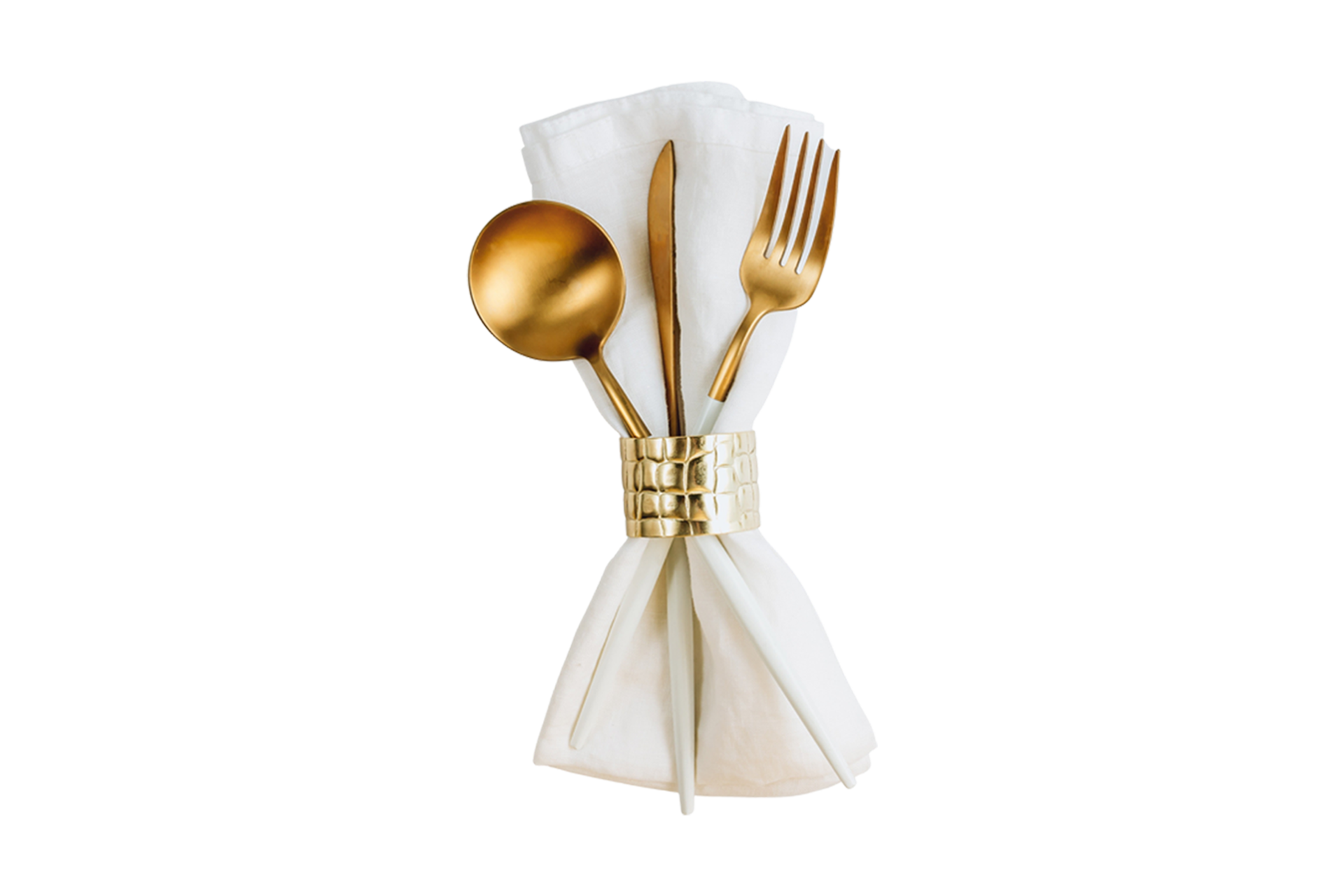 Free d’or coutellerie et blanc serviette de table isolé sur une