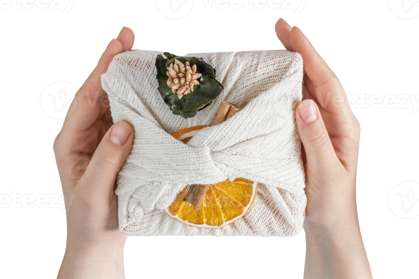 White cloth wrapped a gift held by a woman's hands isolated on a transparent background png