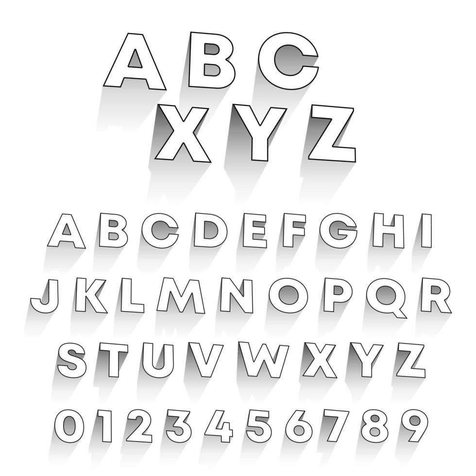 Black and White alphabet with shadow. Set of letters and numbers 3D design. Vector illustration.