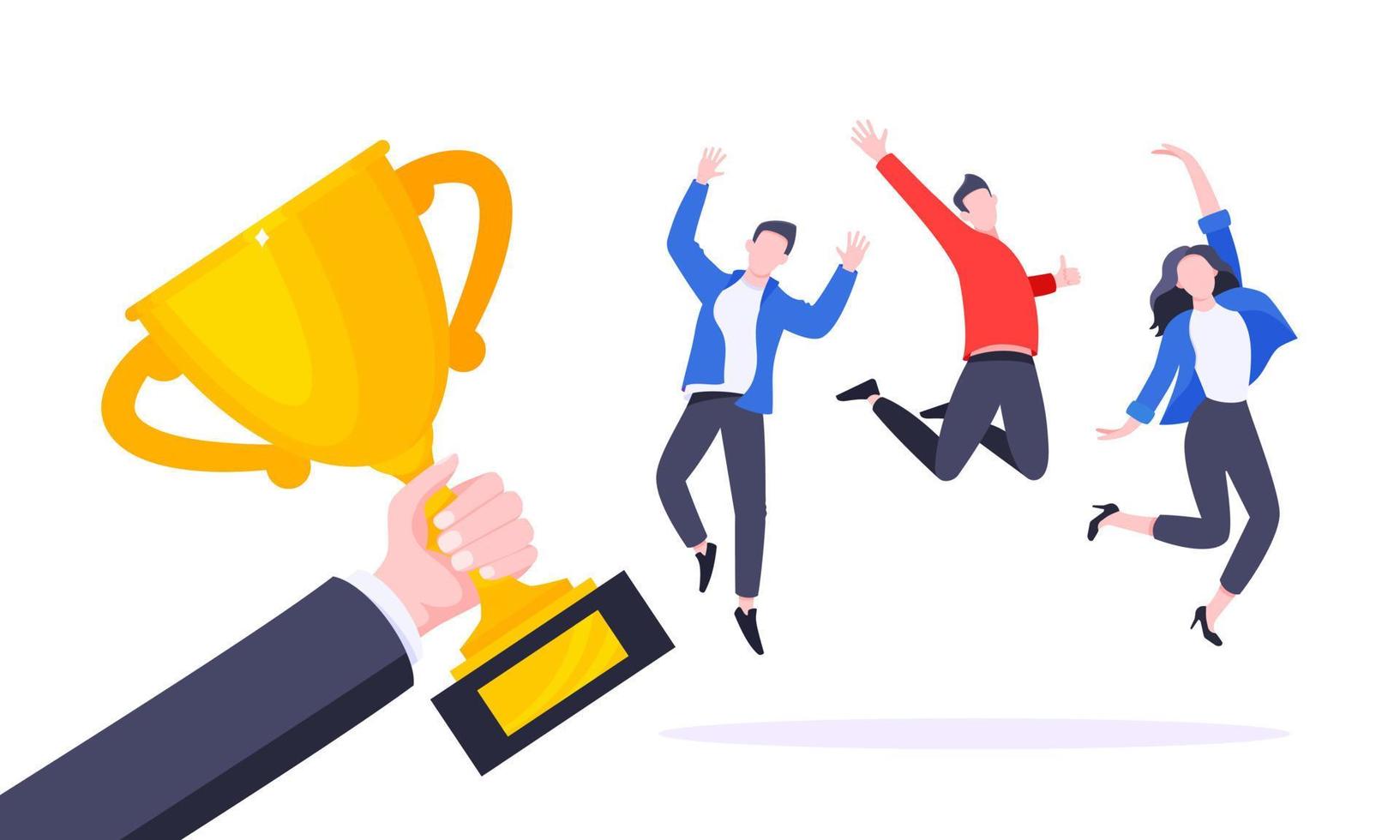 Happy business employee team winners award ceremony flat style design vector illustration.