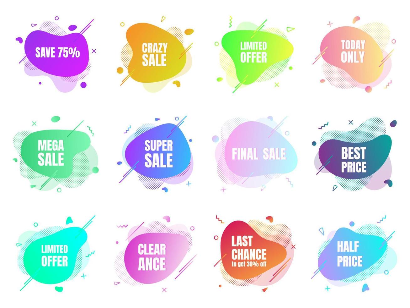 Modern liquid irregular amoeba blob shape abstract elements graphic flat style design fluid vector illustration set banner simple shape template for presentation, flyer, isolated on white background