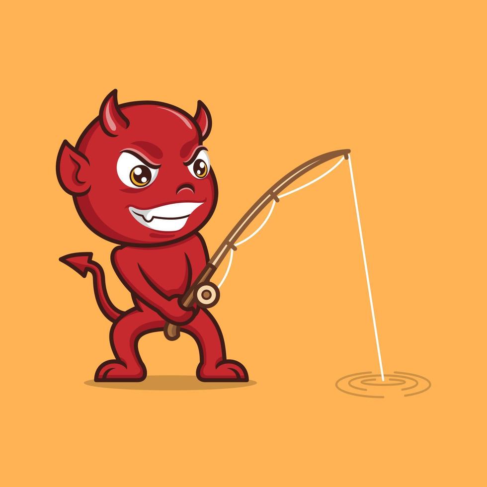 cute cartoon devil loves fishing vector