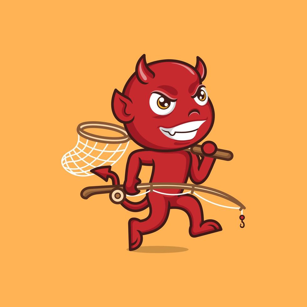 cute cartoon devil loves fishing vector