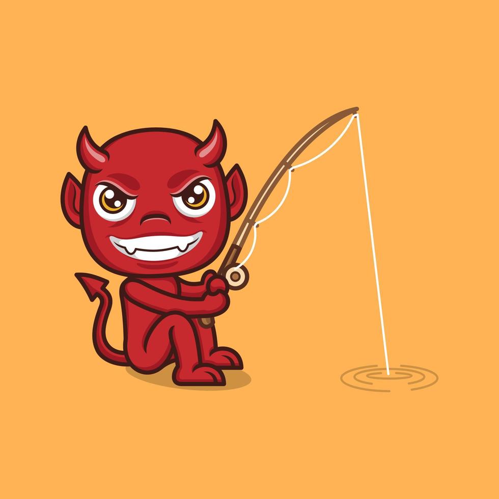 cute cartoon devil loves fishing vector