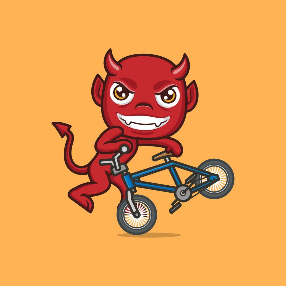 linda dibujos animados diablo montando un carreras bicicleta vector