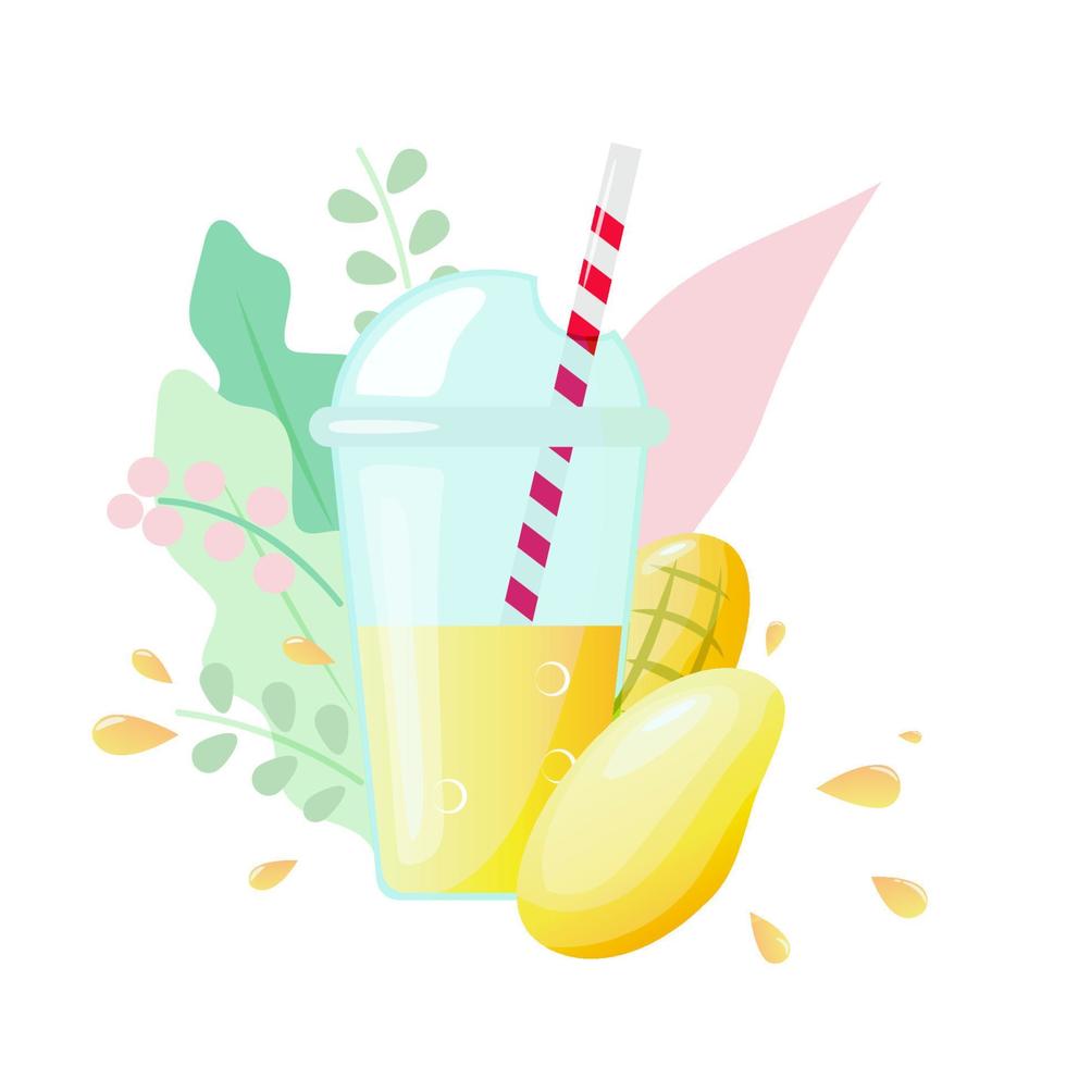 Plastic cup with lid and pipe. Mango juice icon for smoothie bar. Vector cartoon illustration