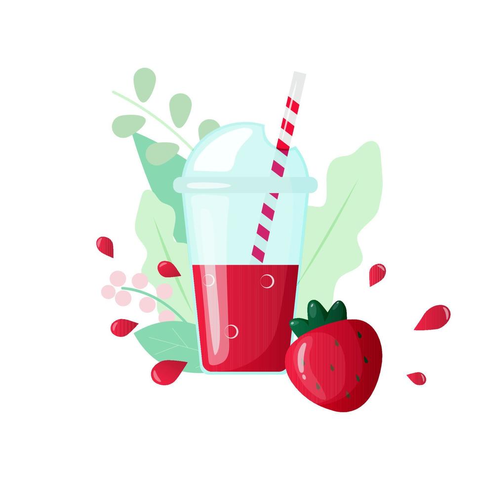 Strawberry smoothie in a glass with a straw. Vector illustration.