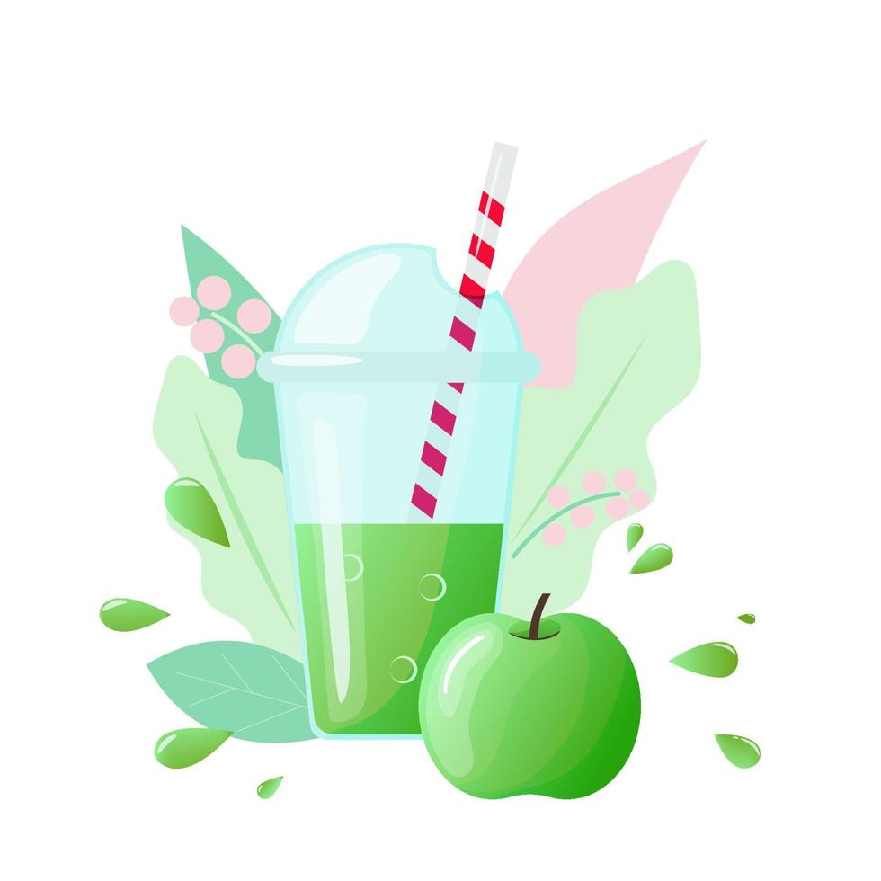 Green smoothie in a glass with a straw and a green apple. Vector illustration.