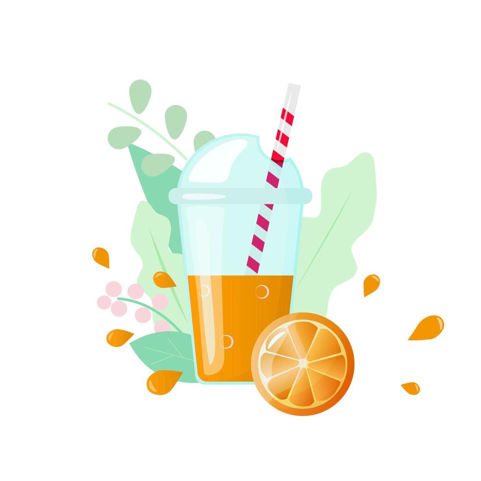 naranja jugo en un vaso con un Paja y un rebanada de naranja vector ilustración