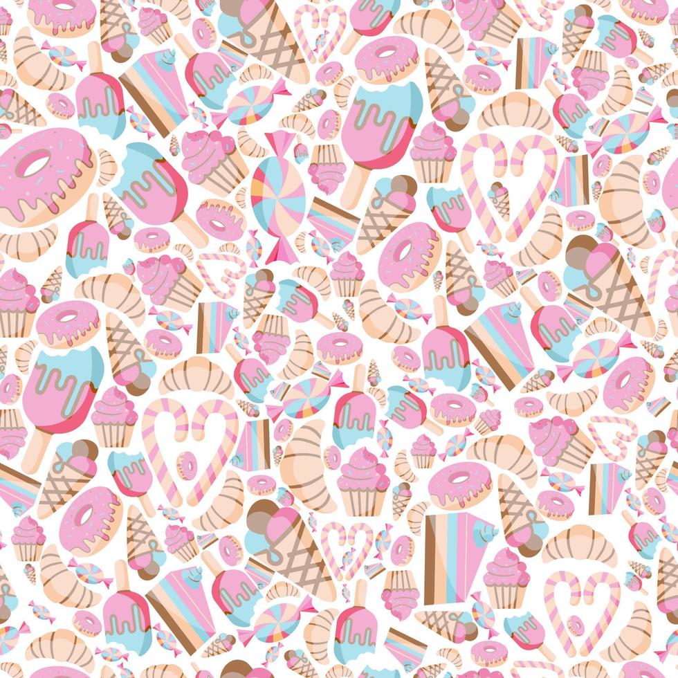 Candy ornament for wrapping paper for bakery shop with cake, lollipop, ice cream, donat. Background for menu, website, poster, flyer advertising vector