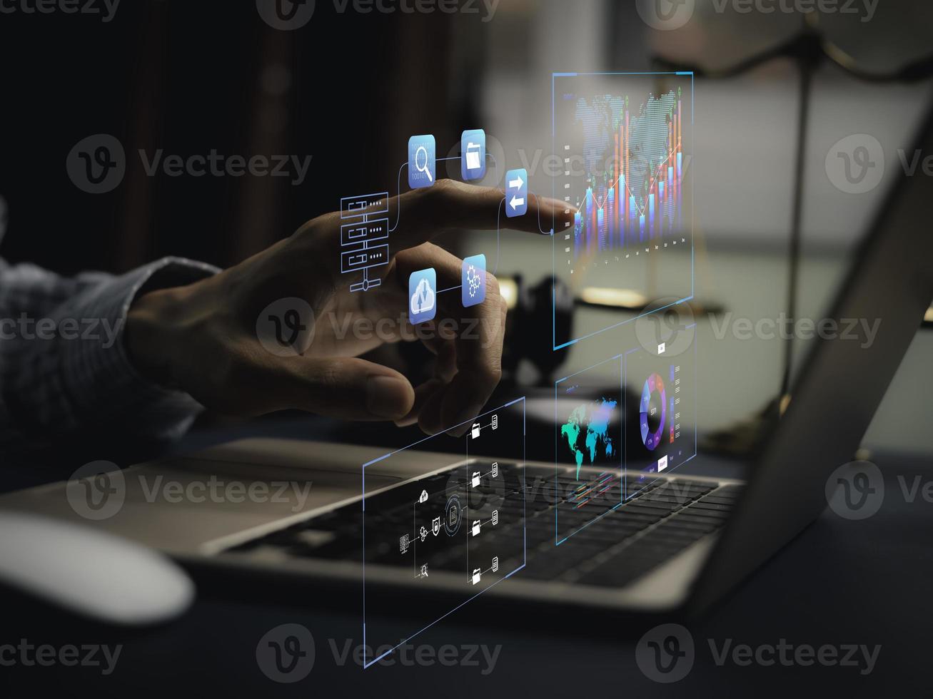 businessman working with business Analytics and Data Management System on computer, online document management and metrics connected to database. Corporate strategy for finance, operations, sales. photo