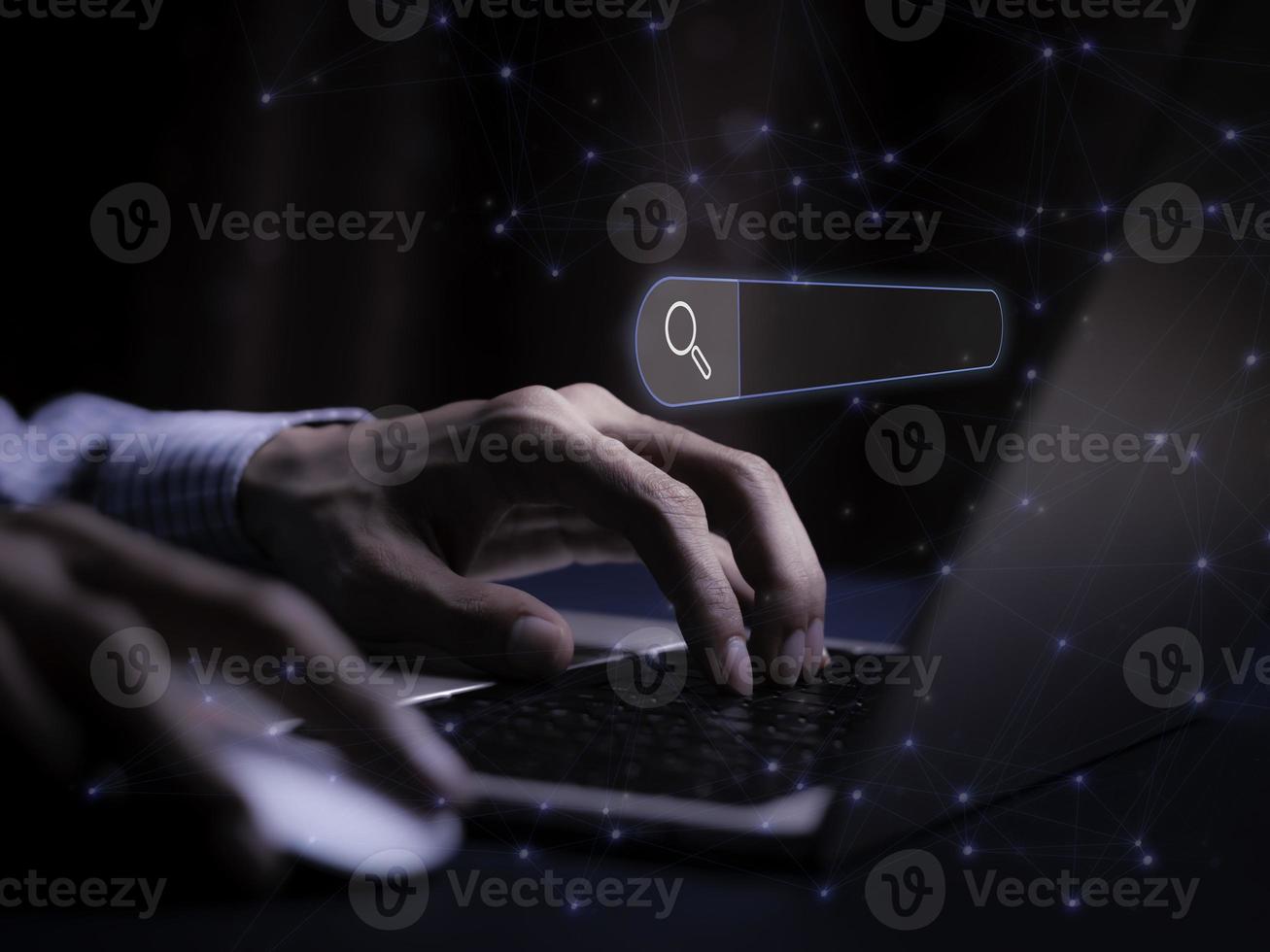 Businessman are touching the virtual screen on search engine optimization for find data on networking, SEO, Searching Browsing Internet Data Information Networking Concept. photo