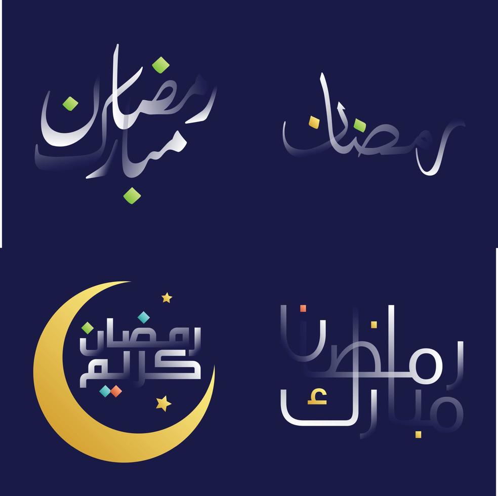 Glossy White Ramadan Kareem Calligraphy Pack with Colorful Islamic Design Elements and Geometric Patterns vector