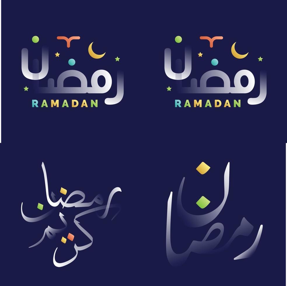Stunning White Glossy Ramadan Kareem Calligraphy Set with Vibrant Colors and Islamic Geometric Patterns vector