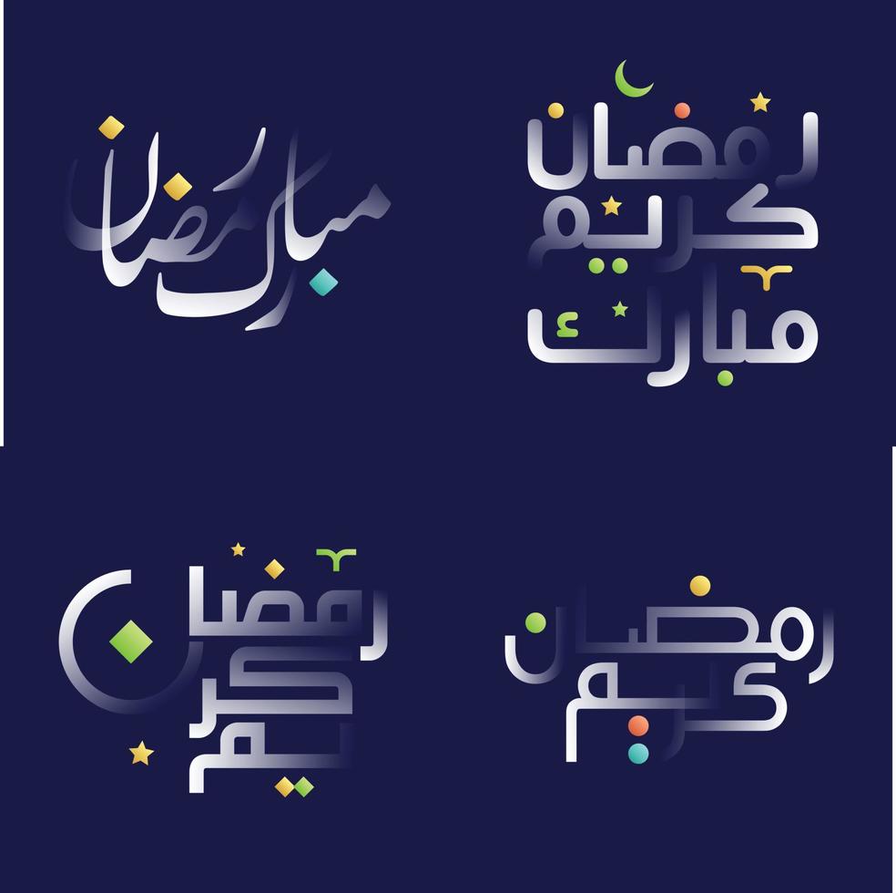 Stunning White Glossy Ramadan Kareem Calligraphy Set with Vibrant Colors and Islamic Geometric Patterns vector