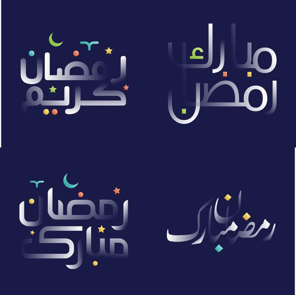 Ramadan Kareem Calligraphy in Glossy White with Colorful Illustrations of Islamic Mosques and Lanterns vector