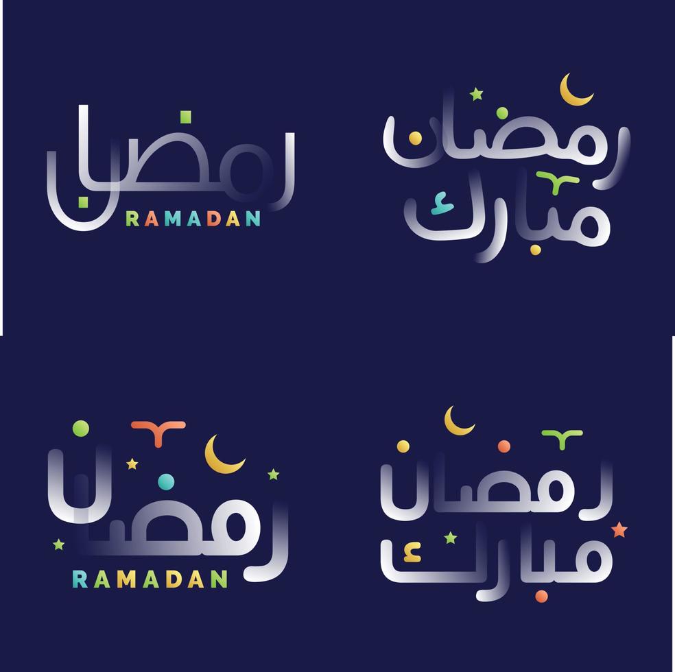 Beautiful Ramadan Kareem Calligraphy in Glossy White with Vibrant Colors and Islamic Ornaments vector