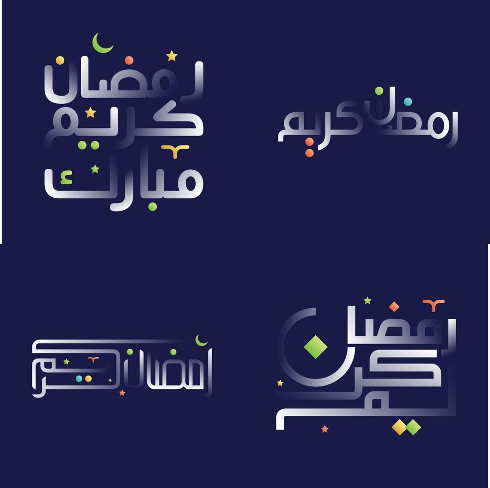 Glossy White Ramadan Kareem Calligraphy Pack with Colorful Illustrations of Islamic Art and Culture vector