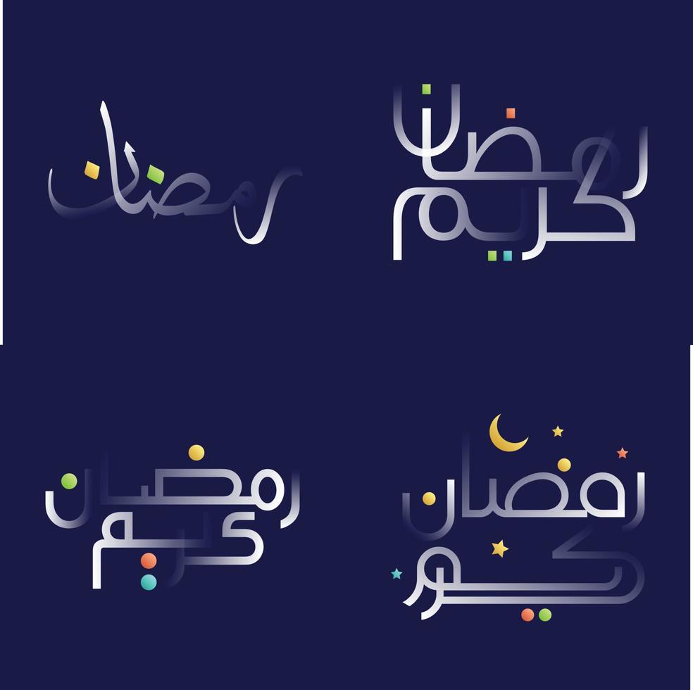 Creative Ramadan Kareem Calligraphy Pack in White Glossy Effect with Multicolored Illustrations for Islamic Celebrations vector