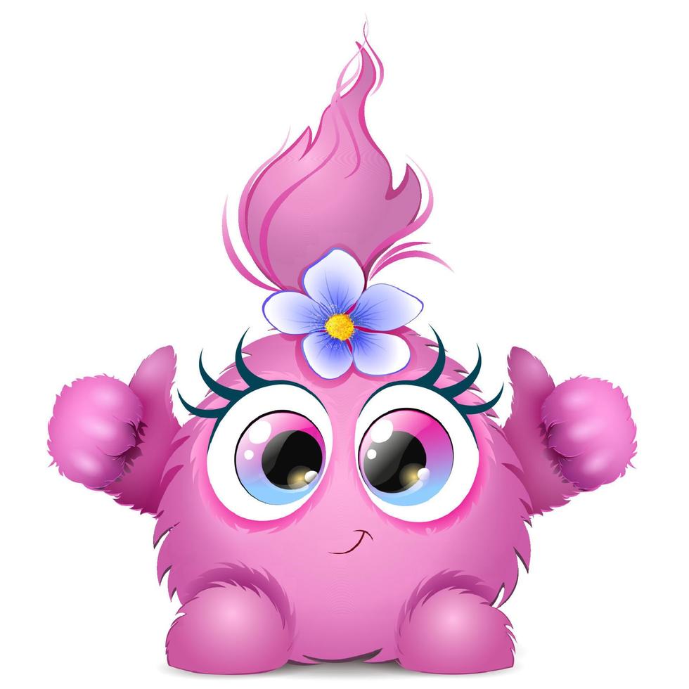 Cute fluffy funny cartoon pink smiling monster with like thumbs and blue flower vector