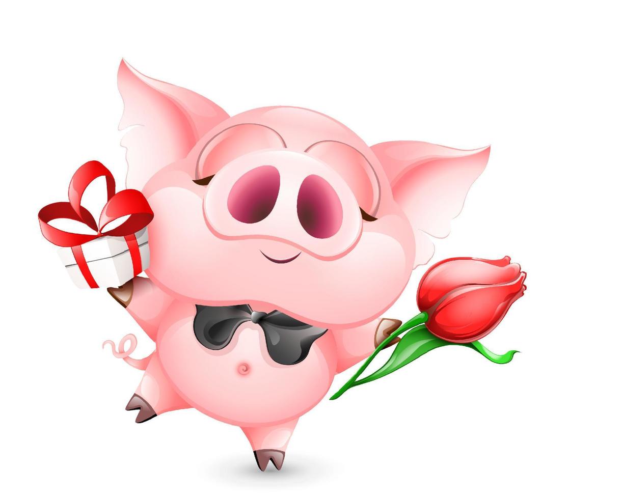 Funny pink cartoon festive Pig gentleman with black bow tie, tulip flower and gift box. Isolated vector