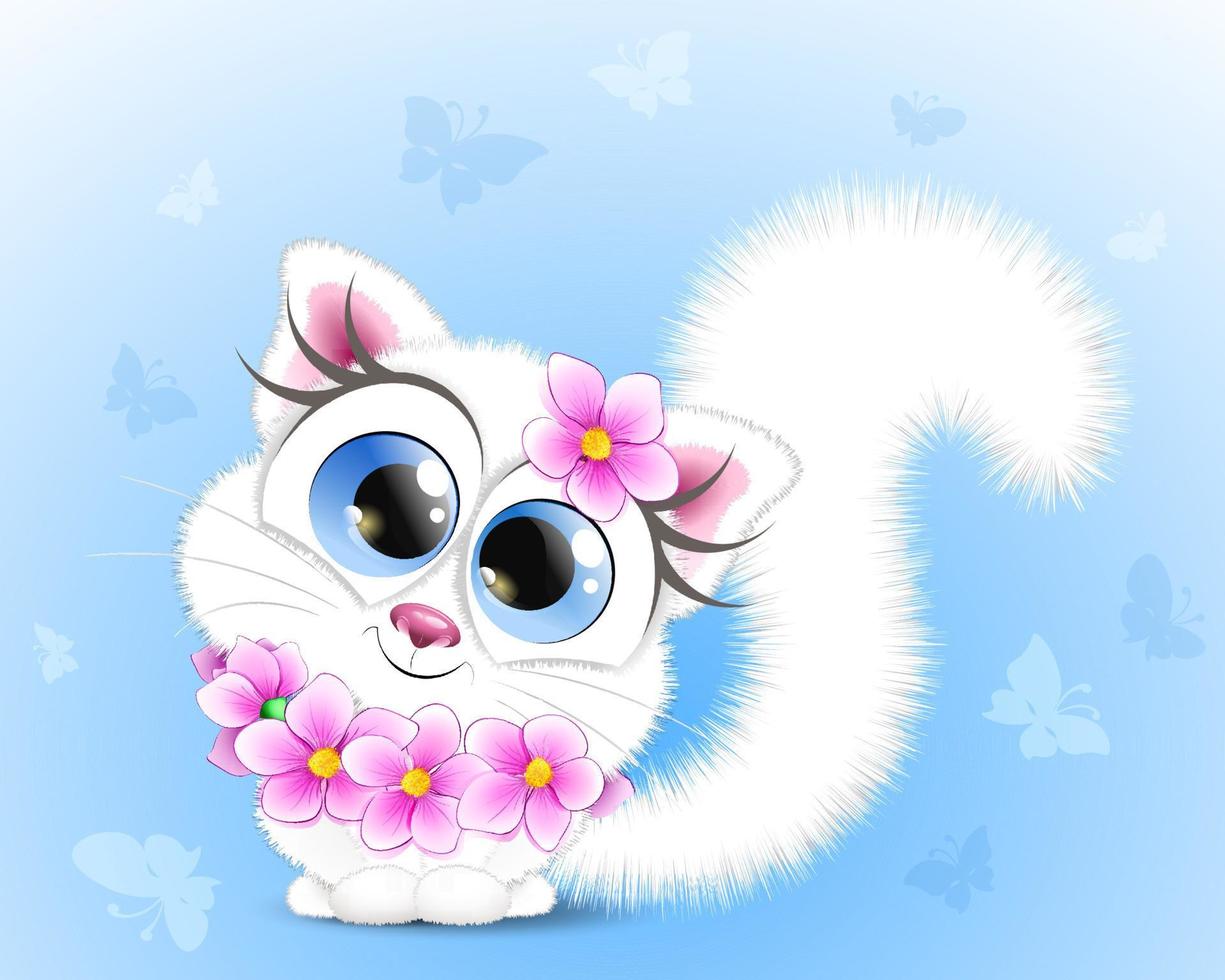 Cute fluffy little white cartoon cat with flowers and butterflies on blue background. vector
