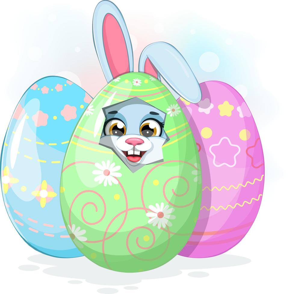 A little Easter bunny in egg with other color eggs vector