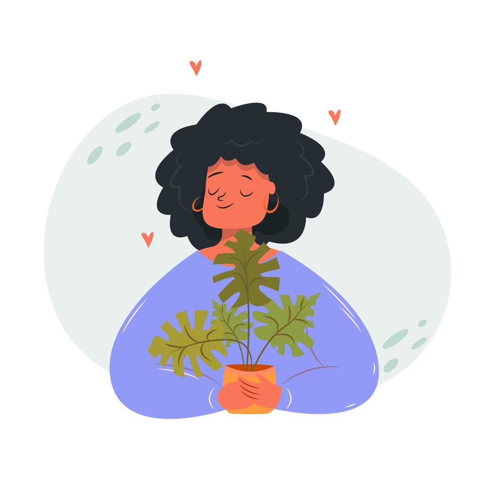 Vector happy plant lady young woman embracing a potted houseplant isolated cute girl on white background