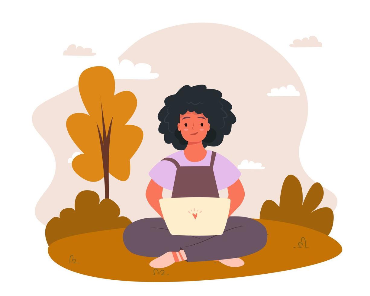 Woman with laptop sitting in nature and leaves. Vector illustrator