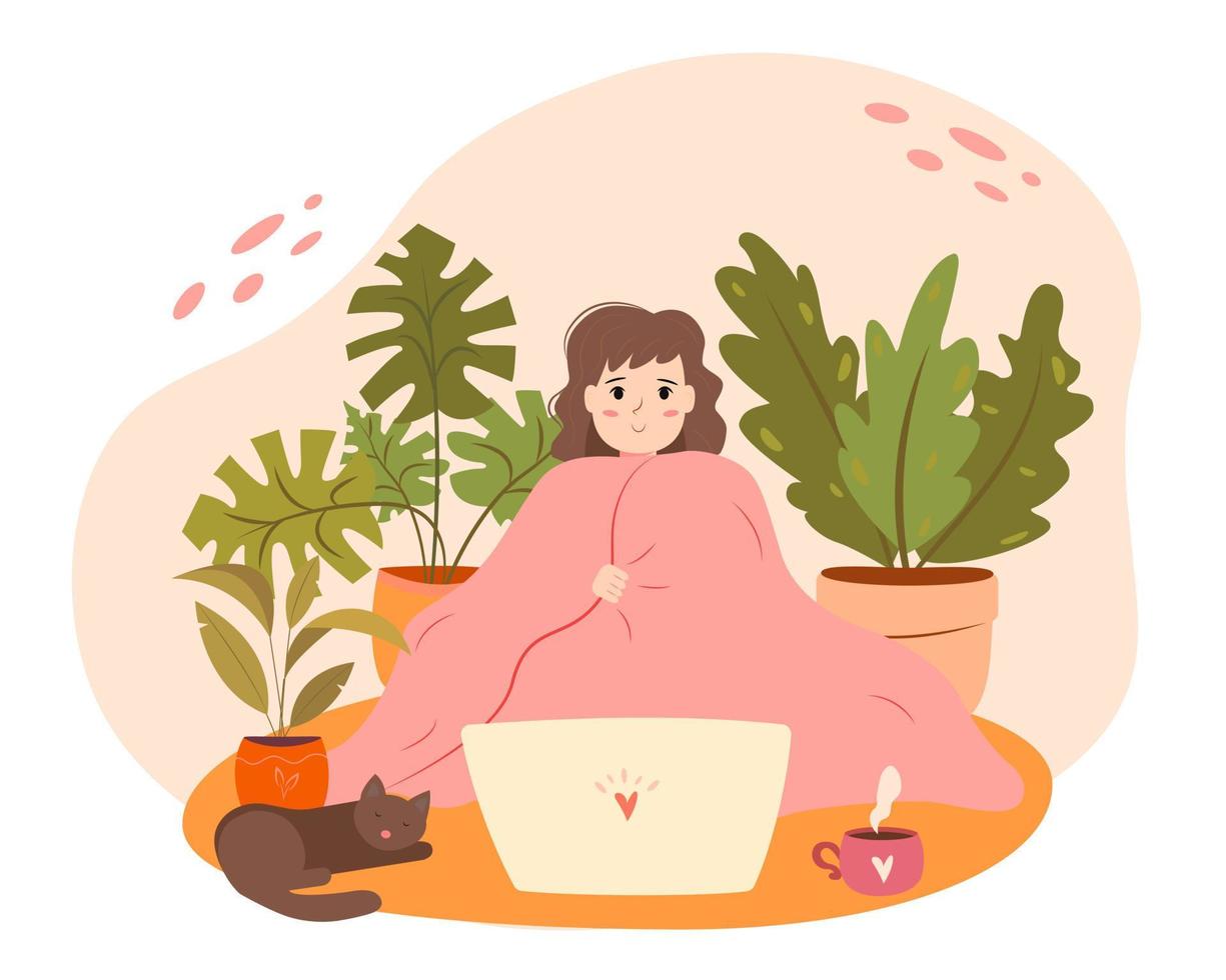 Young girl wrapped in blanket and drinking hot coffee or tea, watching movie and relaxing after work. Trendy interior in Scandinavian style. Flat cartoon vector