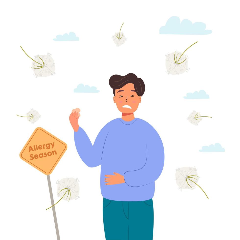 Man with pollen allergy near yellow sign. vector illustration