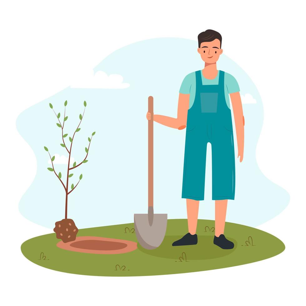 Vector man digging up ground with shovel to plant a tree male working in garden