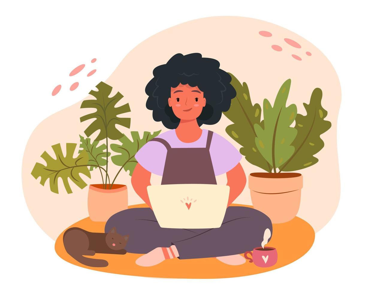 Home office concept, black woman working from home sitting on a sofa, remote work concept vector