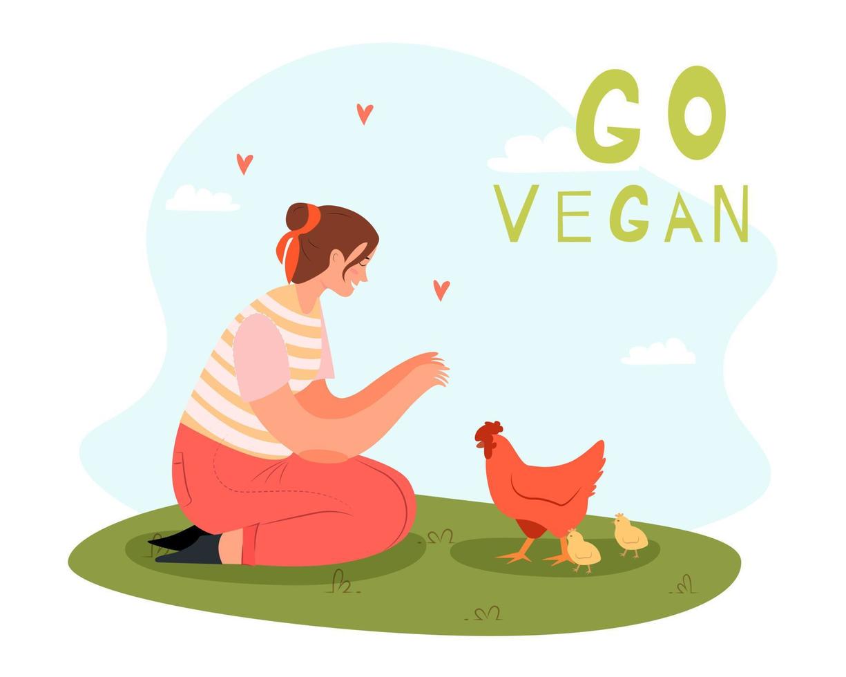 hand-drawn cruelty-free and vegan concept with woman with chicken. vector illustrator