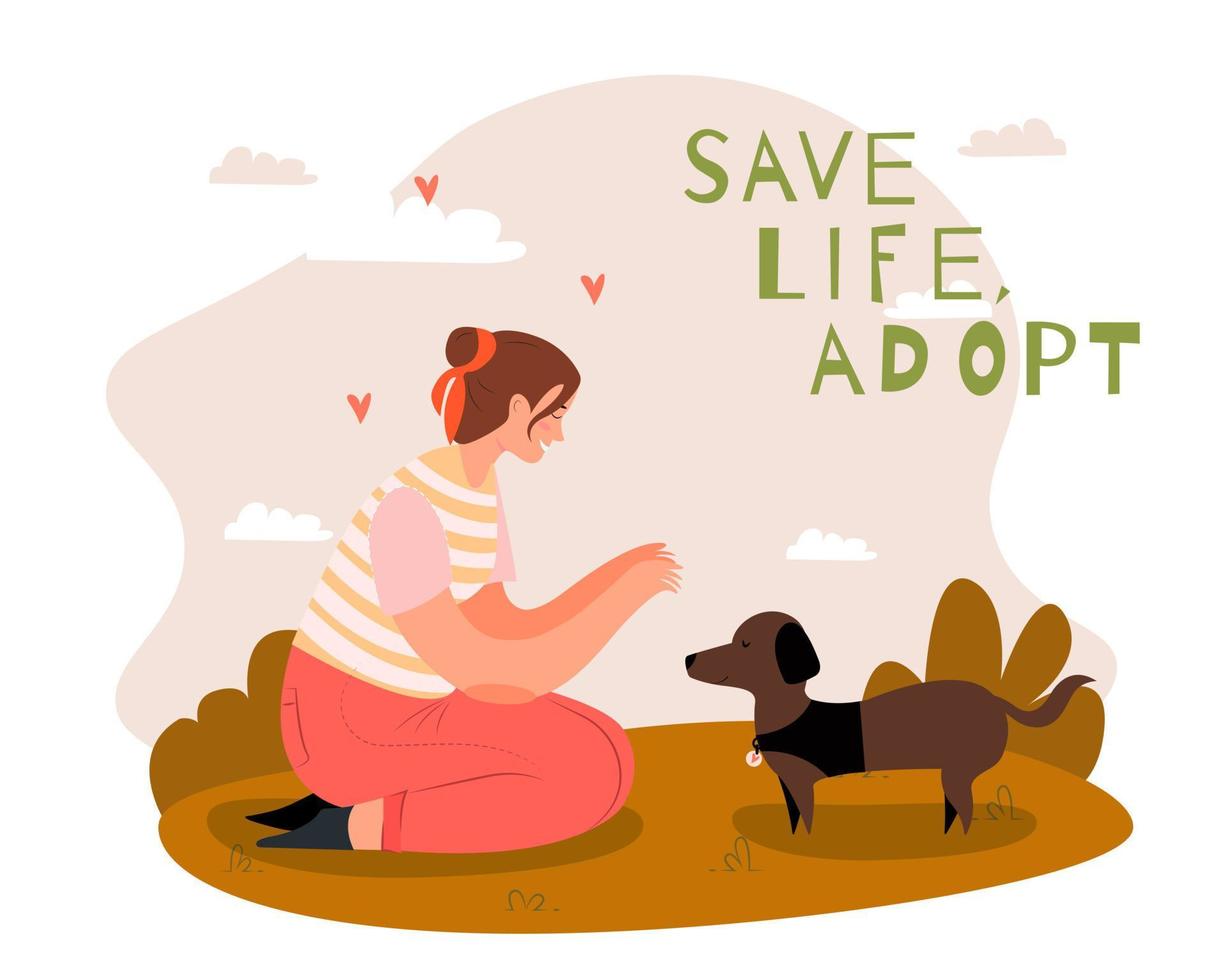 Adopt a pet concept with woman and dog. vector illustration