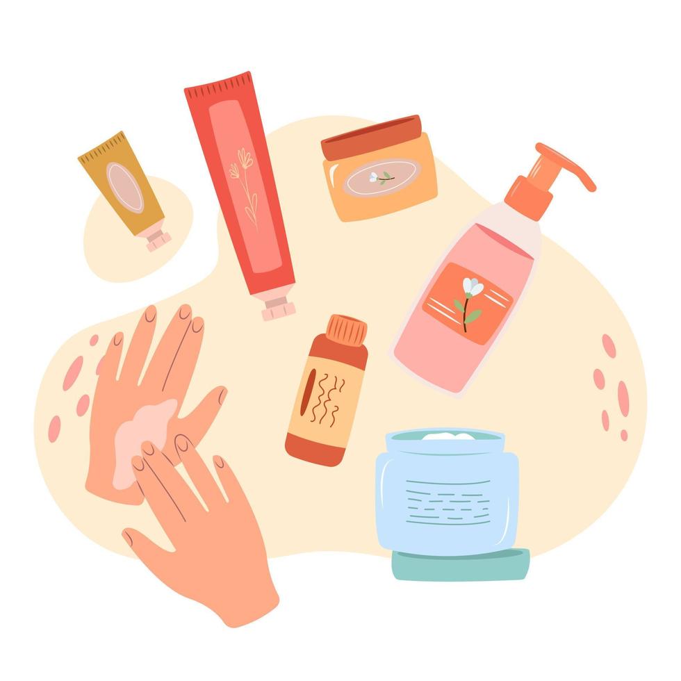 Vector hand cream set. close up set of woman hands apply cream from tube. skincare flat vector
