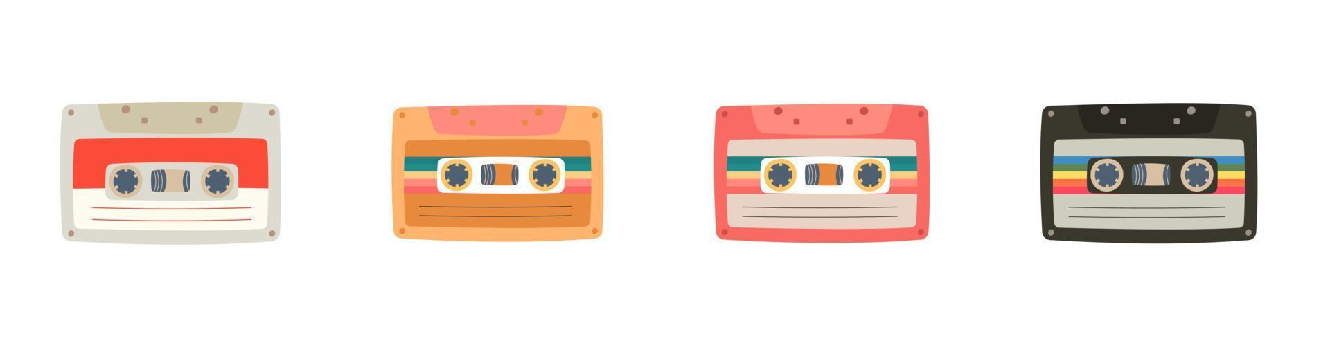 Set of eight Retro Vintage tape Cassettes. Various audio tapes. Different Mixtapes. Love songs, Relax, Rock, Nineties hits etc. Hand drawn colored Vector illustration. Every cassette is isolated