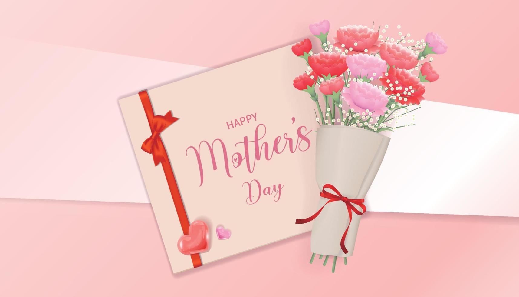 Happy Mother's Day greeting card with bouquet of carnations and heart decoration, pink vector banner