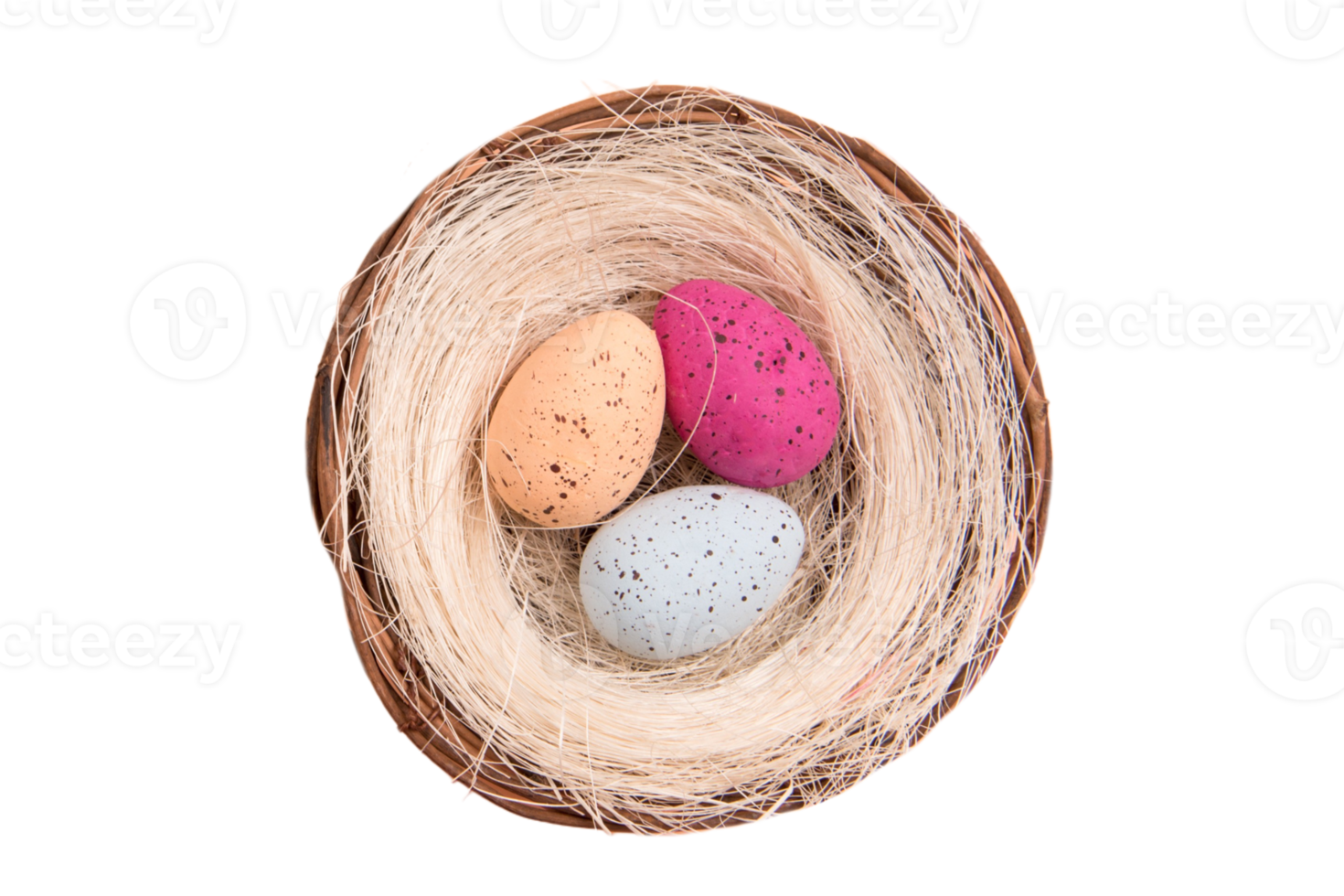 Brown basket with colored eggs isolated on a transparent background png