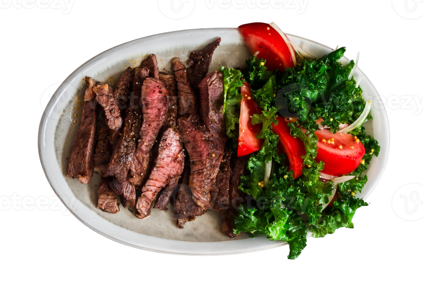 Roast beef slices and fresh salad isolated on a transparent background