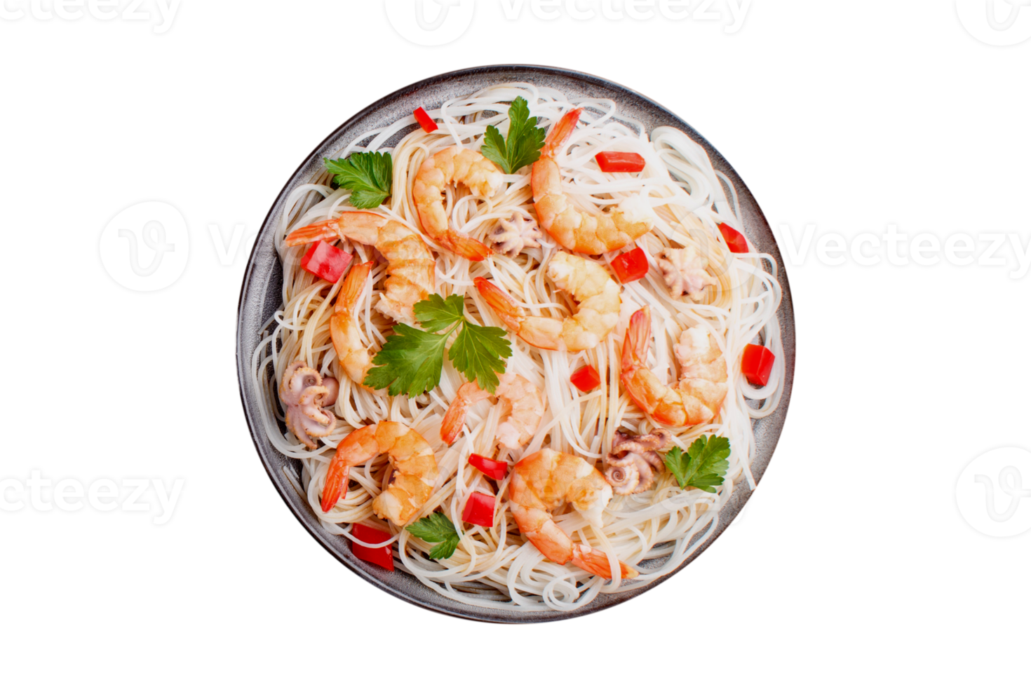 Spaghetti pasta with shrimp and octopus isolated on a transparent background png