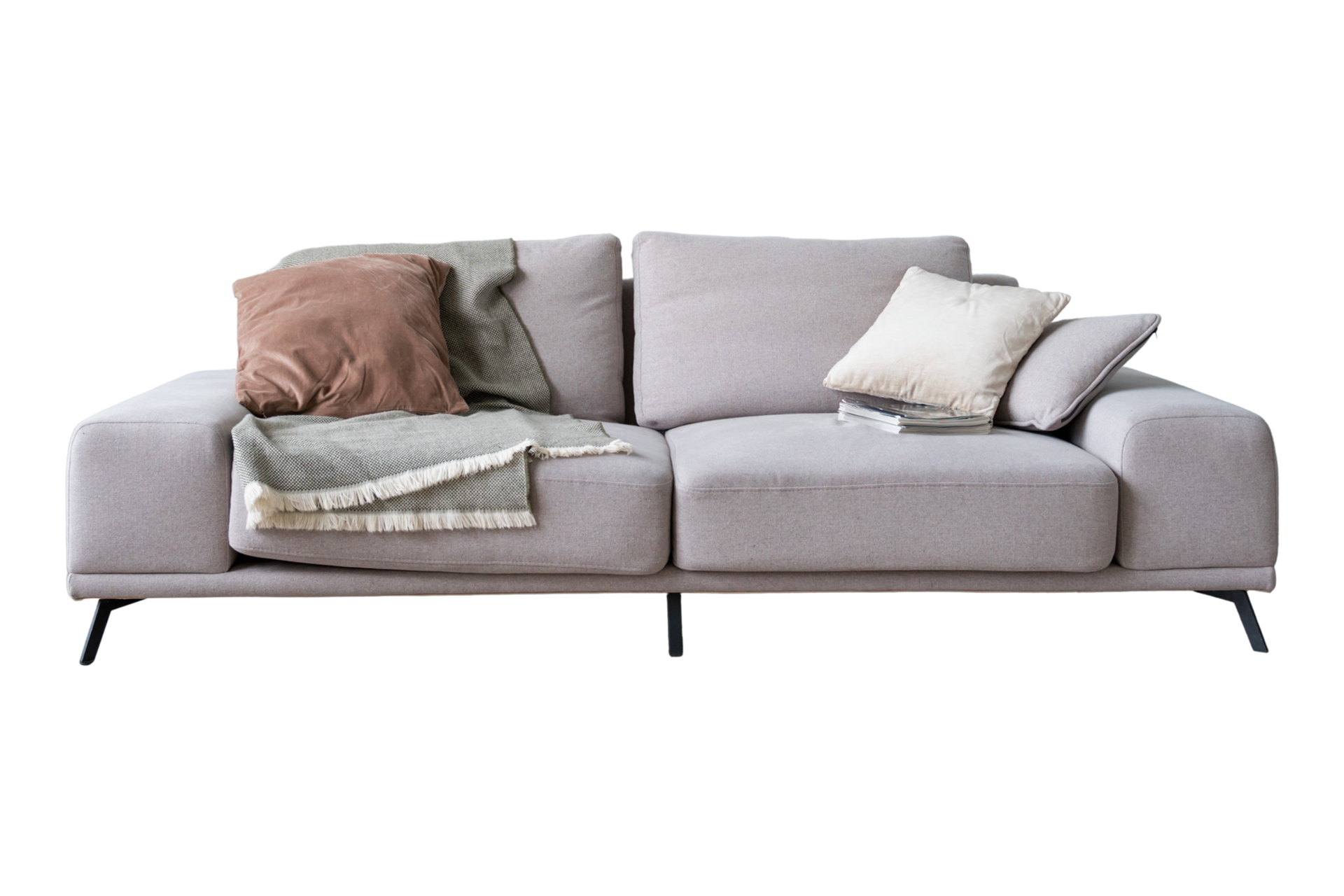 Gray sofa with cushions and blanket isolated on a transparent