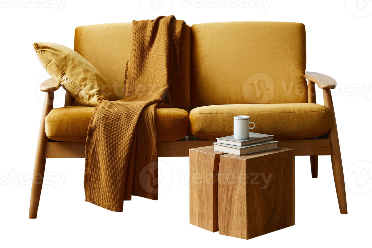 Yellow sofa, blanket, pillow and wooden side table isolated on a transparent background png