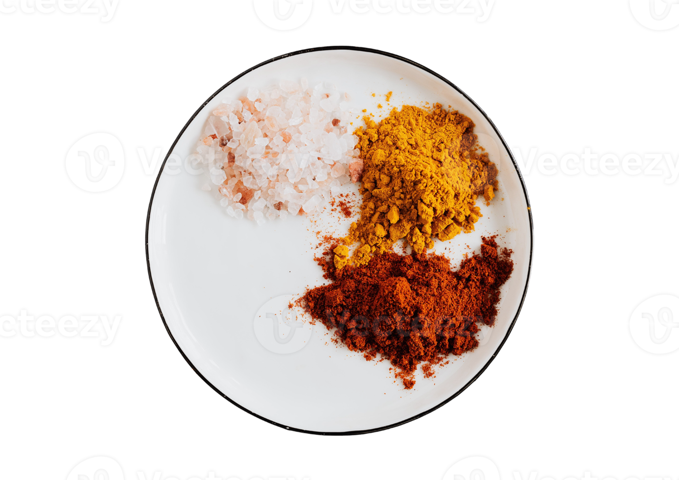 White plate with three types of seasonings isolated on a transparent background png