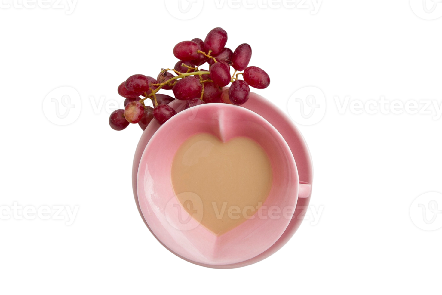 Pink cup with coffee milk and grapes isolated on a transparent background png