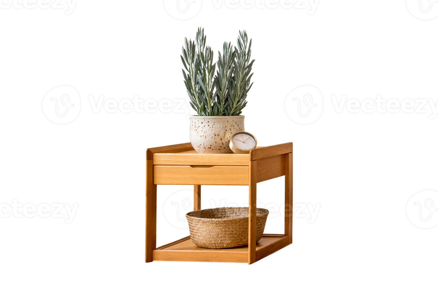 Wooden side table with, woven basket, clock and white vase and plant isolated on a transparent background png